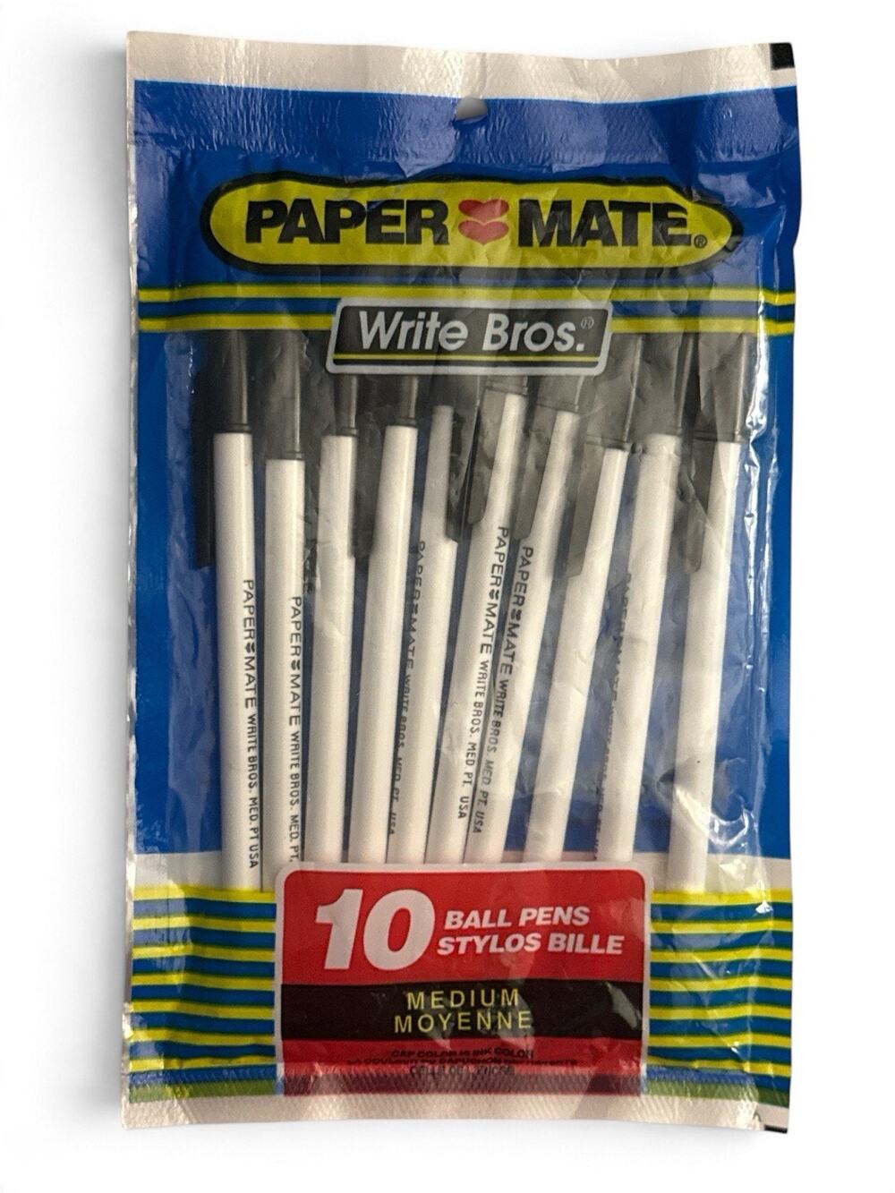 Vtg 1990's Paper Mate Write Bros Black Bal Pens Medium Pack/10 USA NOS
